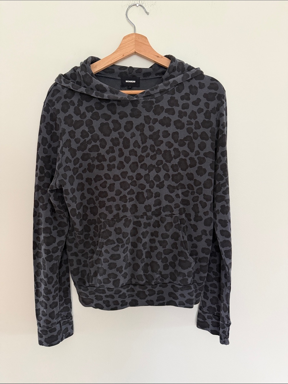 Monrow Black & Charcoal Leopard Hooded Pullover
